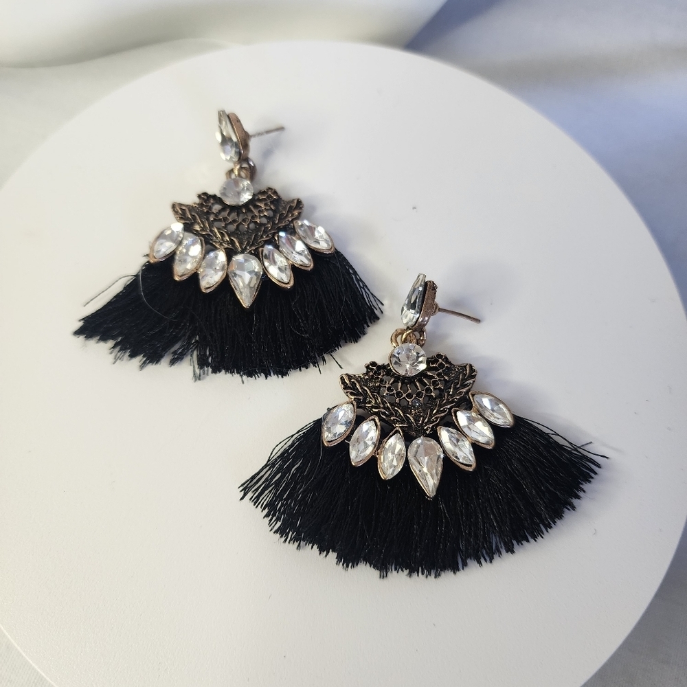 Boho Black Fringe Earrings with Clear Crystals